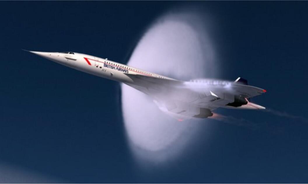 British Airways. A Concorde aircraft flying at supersonic speed, creating a vapor cone around it.