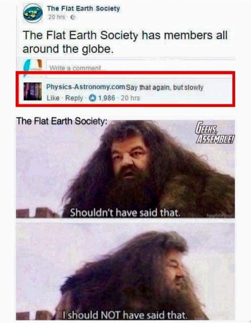 The Flat Earth Society y 20h The Flat Earth Society has members all around the globe 14 Physics Astronomycom Say that again butslowly Like Reply 1985 The Flat Earth Society