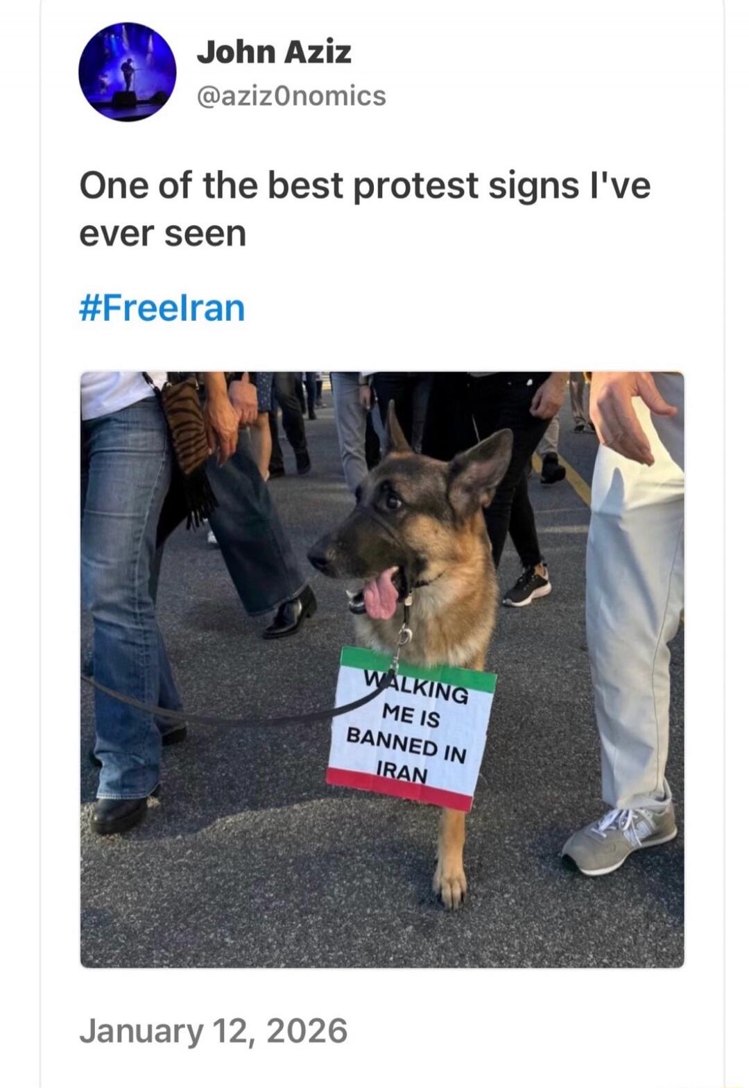 One of the best protest signs I've ever seen
#FreeIran

WALKING ME IS BANNED IN IRAN

January 12, 2026