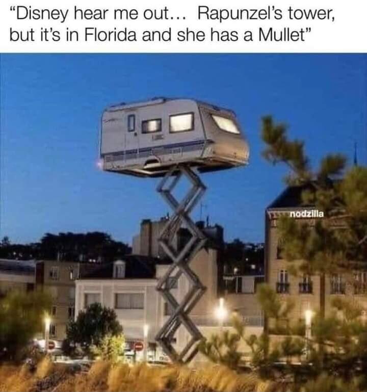 Disney hear me out Rapunzels tower but its in Florida and she has a Mullet