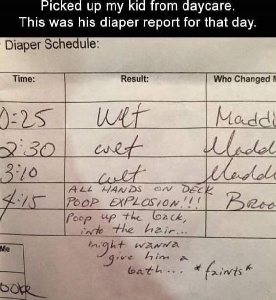 Picked up my kid from daycare. This was his diaper report for that day.

Diaper Schedule:
Time: 0:25  Result: Wet  Who Changed It: Maddie
Time: 2:30  Result: wet  Who Changed It: Maddie
Time: 3:10  Result: wet  Who Changed It: Maddie
Time: 4:15  Result: ALL HANDS ON DECK POOP EXPLOSION!!!  Who Changed It: Brooke

Poop up the back, into the hair...
night wanna give him a bath... a bath of paints