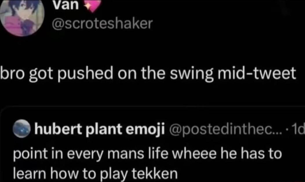 CEG Y ELET bro got pushed on the swing mid tweet hubert plant emoji postedinthec 1c point in every mans life wheee he has to learn how to play tekken