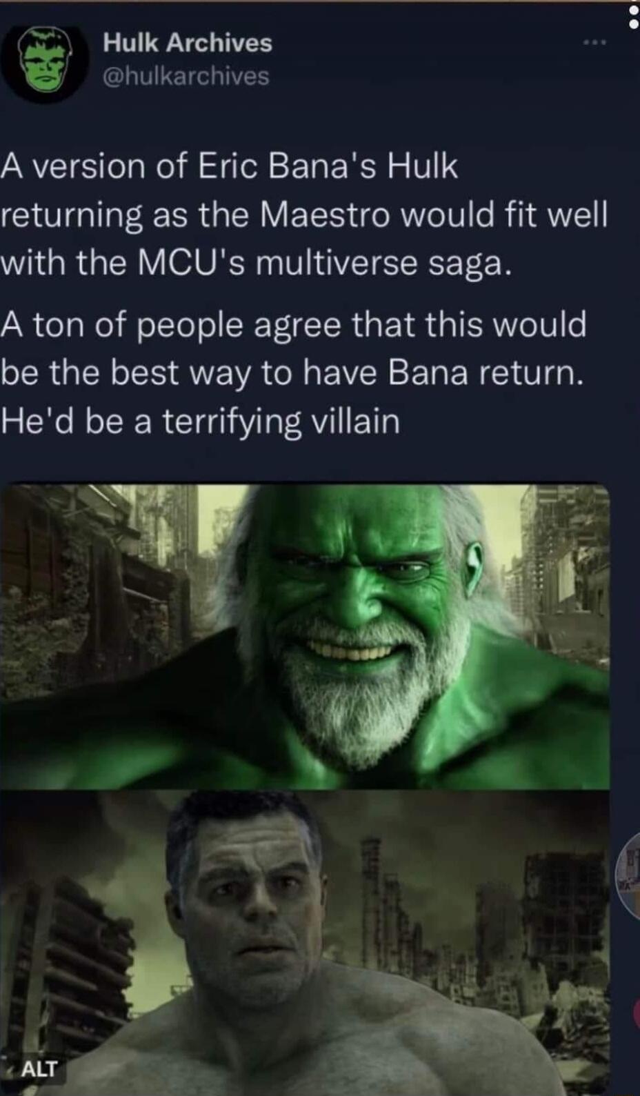 ia Hulk Archives a hulkarchives A version of Eric Banas Hulk returning as the Maestro would fit well with the MCUs multiverse saga A ton of people agree that this would RGN N ANV I BN EEN I T Hed be a terrifying villain