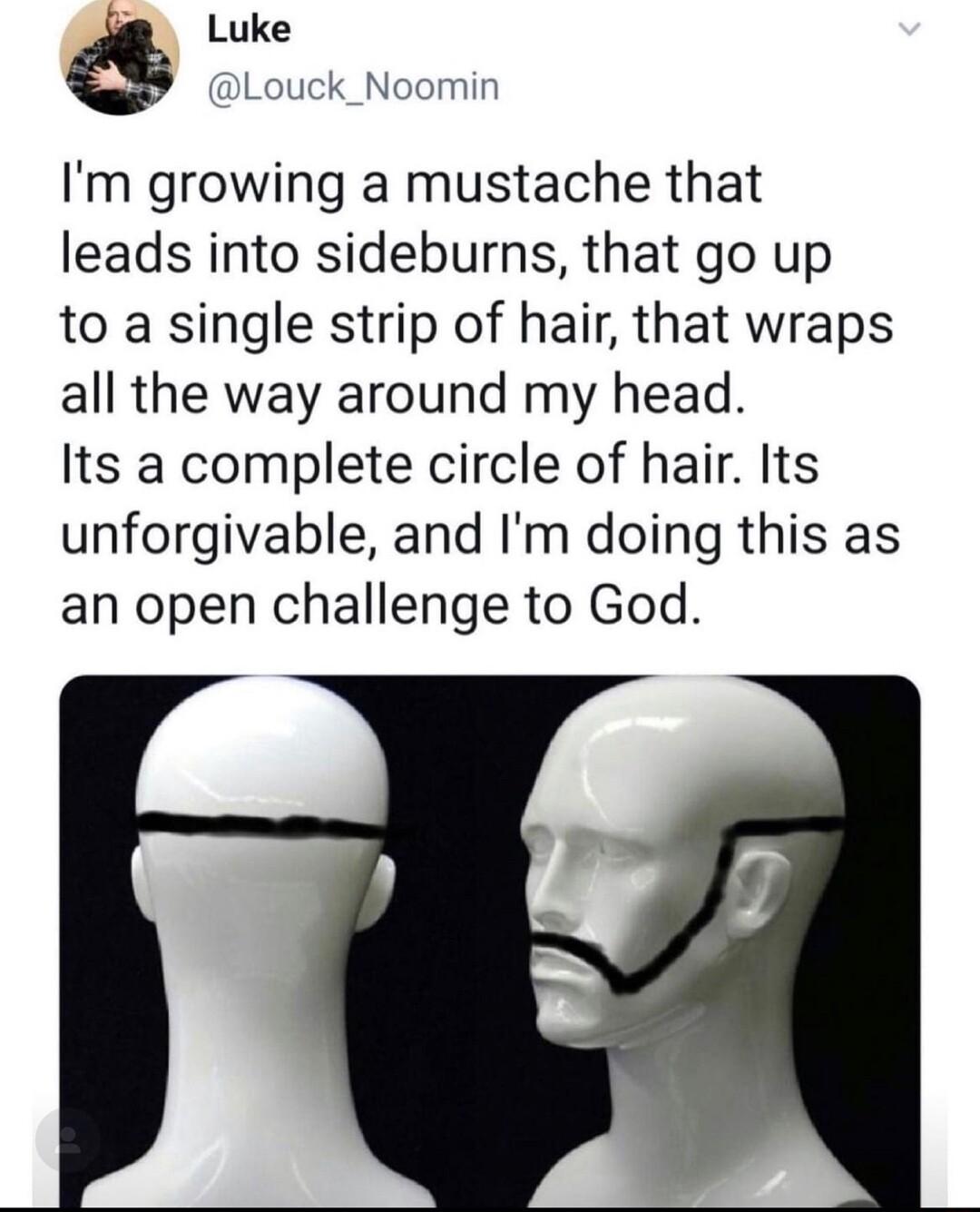 3 Luke Louck_Noomin Im growing a mustache that leads into sideburns that go up to a single strip of hair that wraps all the way around my head Its a complete circle of hair Its unforgivable and Im doing this as an open challenge to God