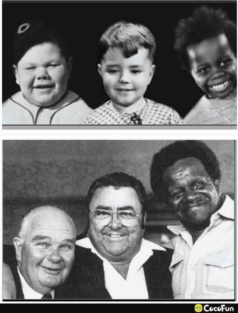 A black and white image showing two rows of people. The top row features three young boys, likely from 'The Little Rascals' (Our Gang) series, smiling. The bottom row shows three adult men, who appear to be the older versions of the boys from the top photo, also smiling, implying a 'then and now' comparison.