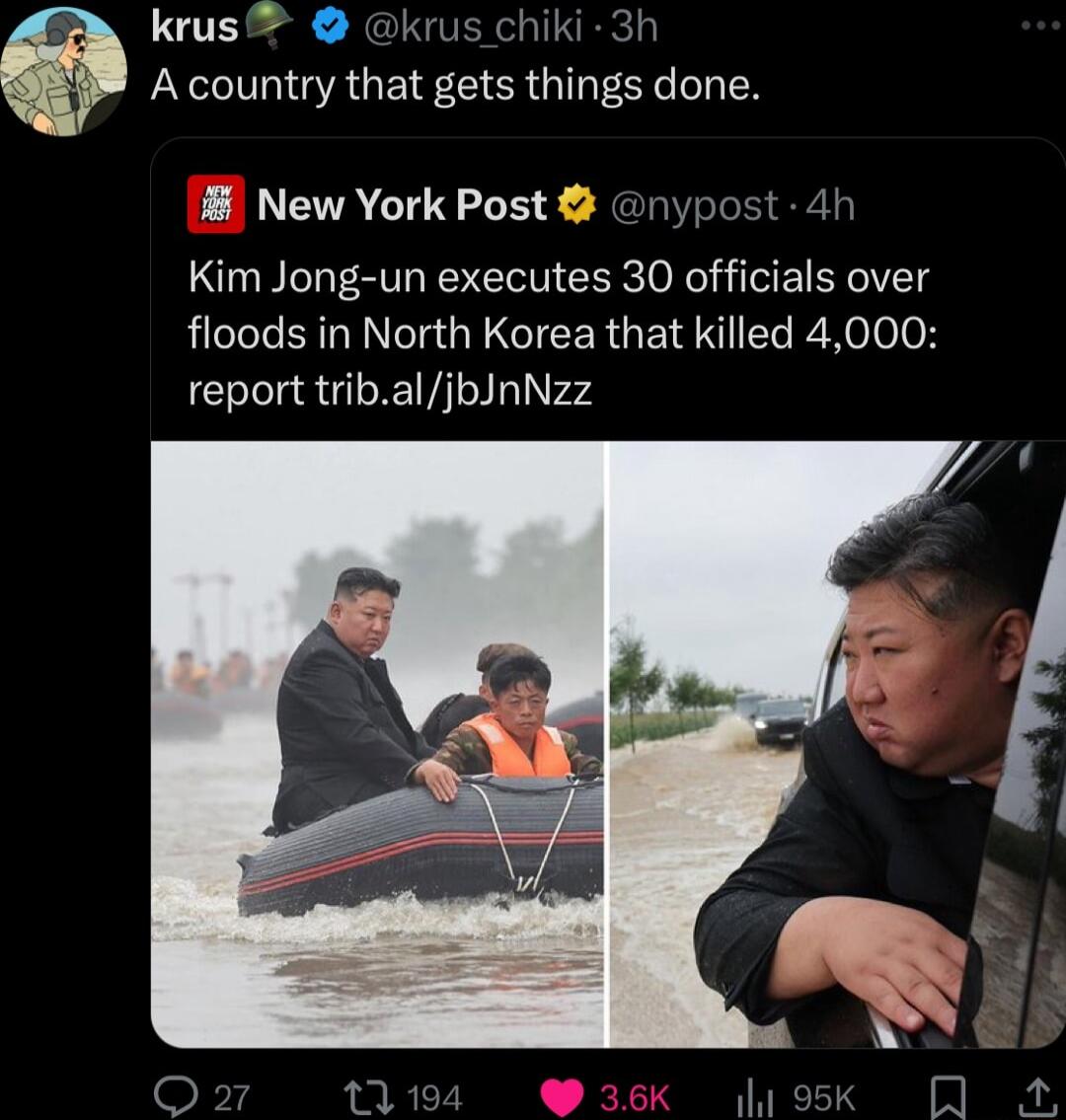 krus krus chiki 3h F N GAGEE R GICT N New York Post nypost 4h Kim Jong un executes 30 officials over floods in North Korea that killed 4000 report tribaljbJnNzz