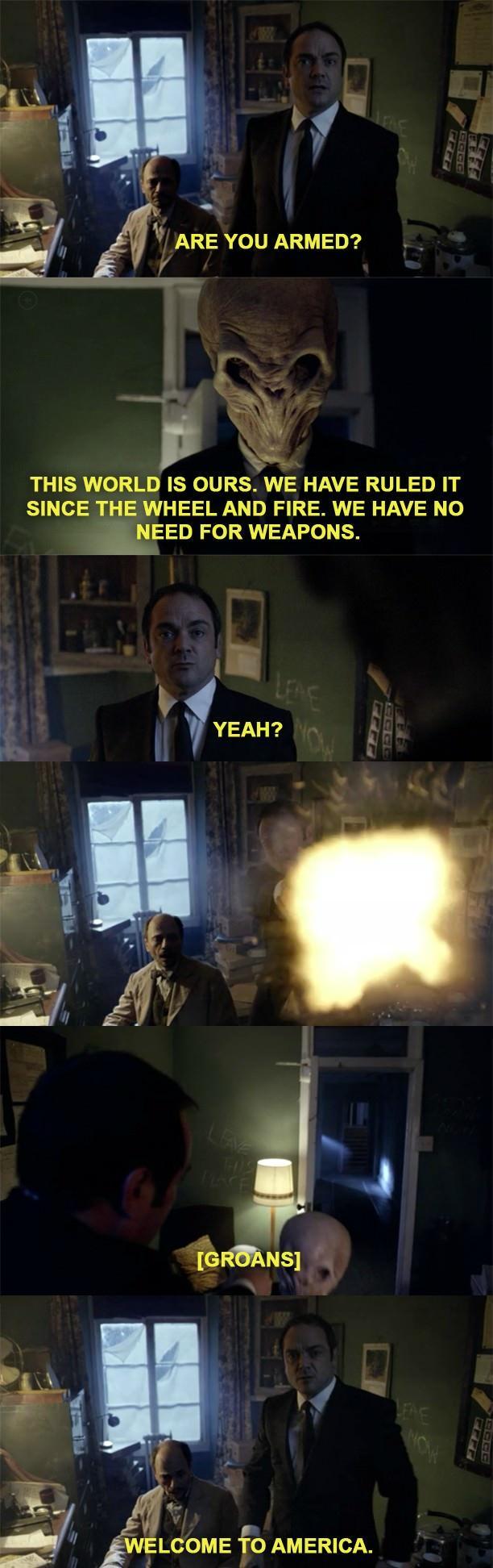 A ARE YOU ARMED 4 THIS WORLD IS OURS WE HAVE RULED IT SINCE THE WHEEL AND FIRE WE HAVE NO EED FOR WEAPONS LCDMEfOAMERICA