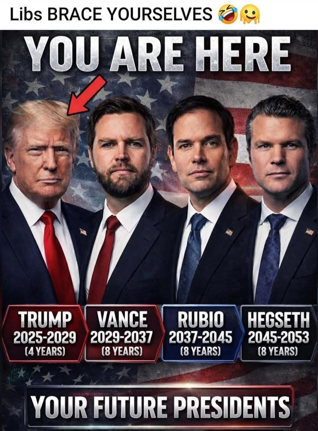 Libs BRACE YOURSELVES 😂😜
YOU ARE HERE
TRUMP 2025-2029 (4 YEARS)
VANCE 2029-2037 (8 YEARS)
RUBIO 2037-2045 (8 YEARS)
HEGSETH 2045-2053 (8 YEARS)
YOUR FUTURE PRESIDENTS