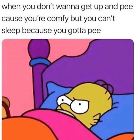 when you dont wanna get up and pee cause youre comfy but you cant sleep because you gotta pee