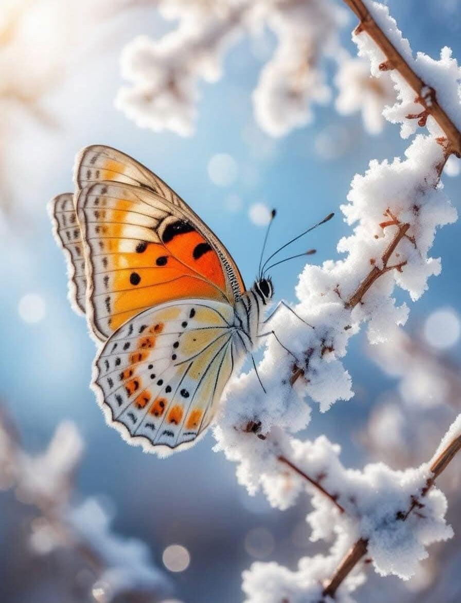 A butterfly with orange and black markings rests on a snow-covered branch against a blurred blue sky.
