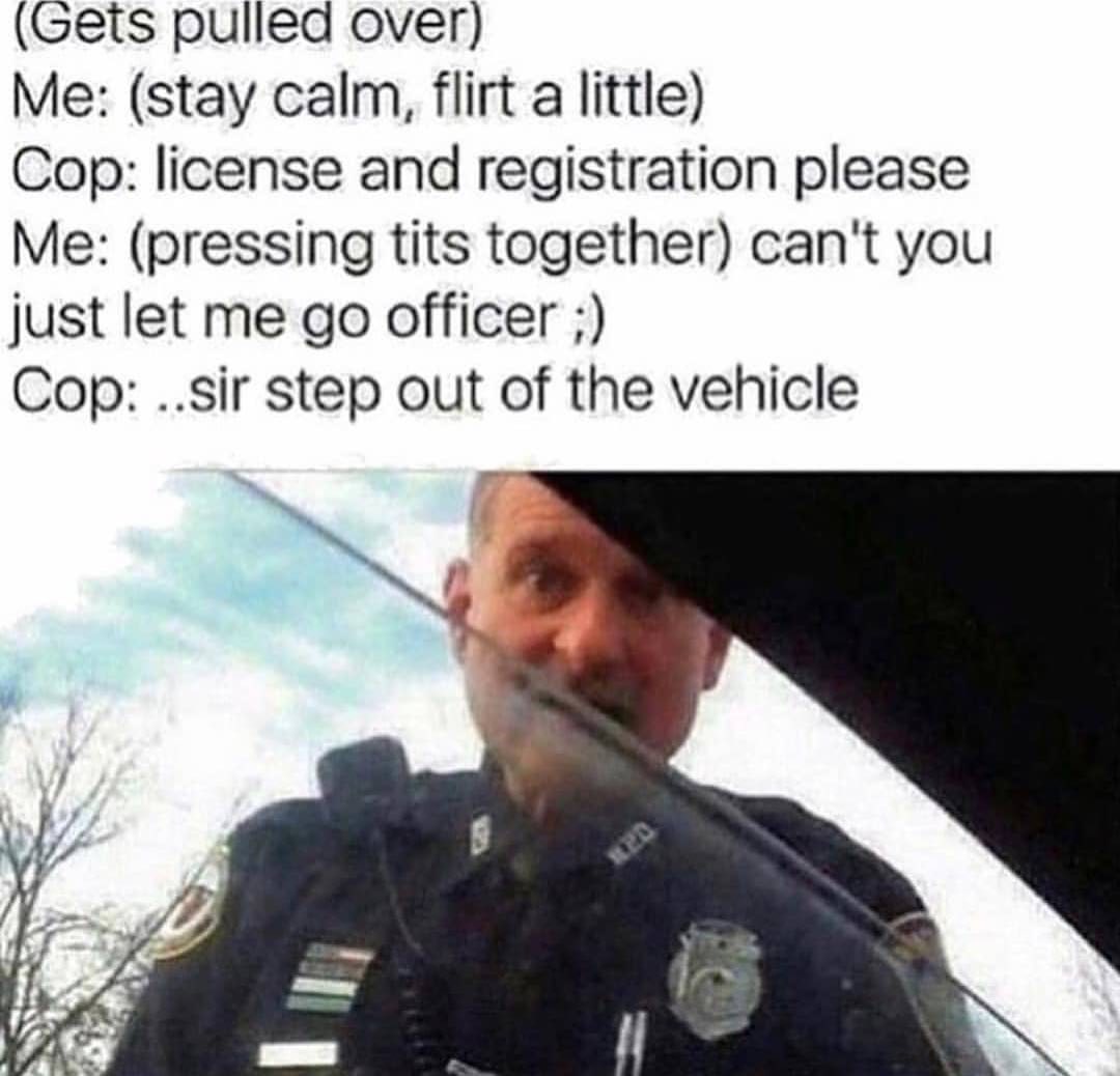Gets pulled over Me stay calm flirt a little Cop license and registration please Me pressing tits together cant you just let me go officer Cop sir step out of the vehicle