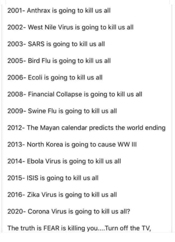 2001 Anthrax is going to kill us all 2002 West Nile Virus is going to kill us all 2003 SARS is going to kill us all 2005 Bird Flu is going to kill us all 2006 Ecoli is going to kill us all 2008 Financial Collapse is going to kill us all 2009 Swine Flu is going to kill us all 2012 The Mayan calendar predicts the world ending 2013 North Korea is going to cause WW III 2014 Ebola Virus is going to kil