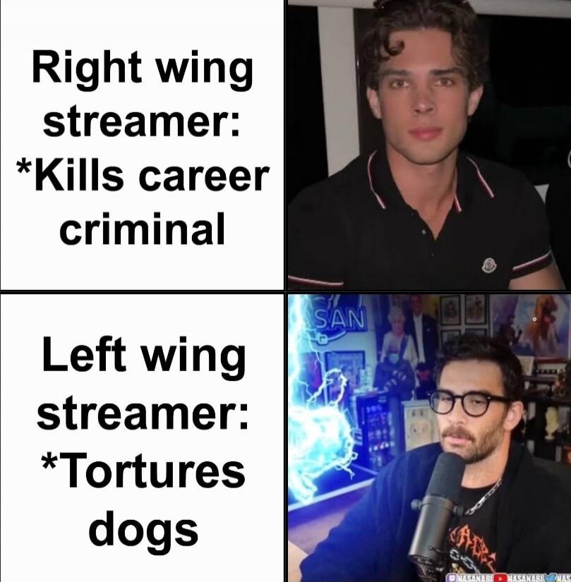 Right wing streamer: *Kills career criminal\nLeft wing streamer: *Tortures dogs