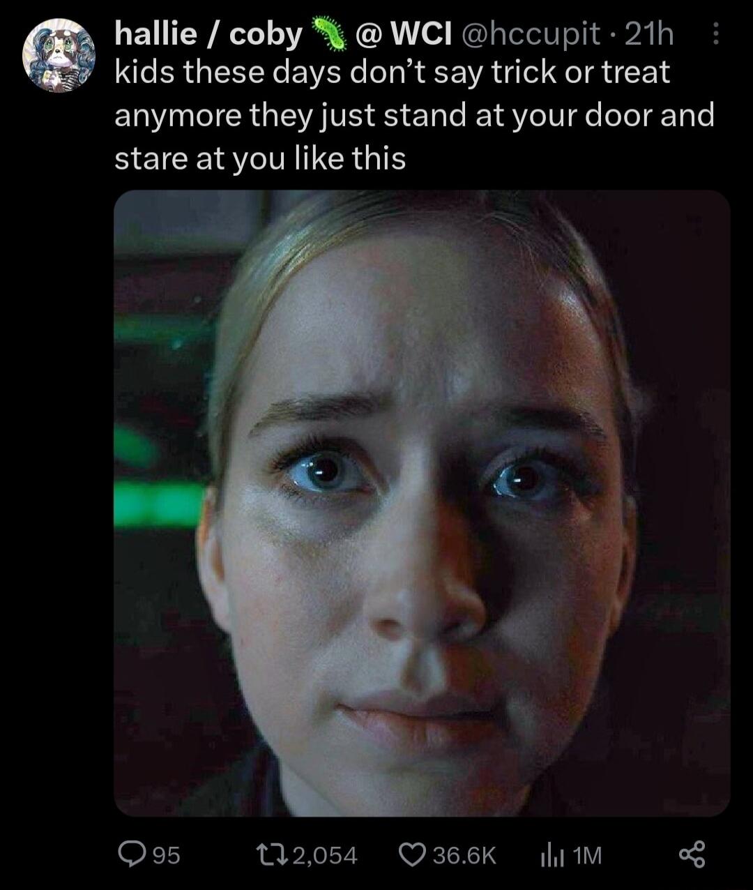 hallie coby WCI hccupit 21h kids these days dont say trick or treat anymore they just stand at your door and BElCES IR GIE 4 Qss 12054 Q366K M