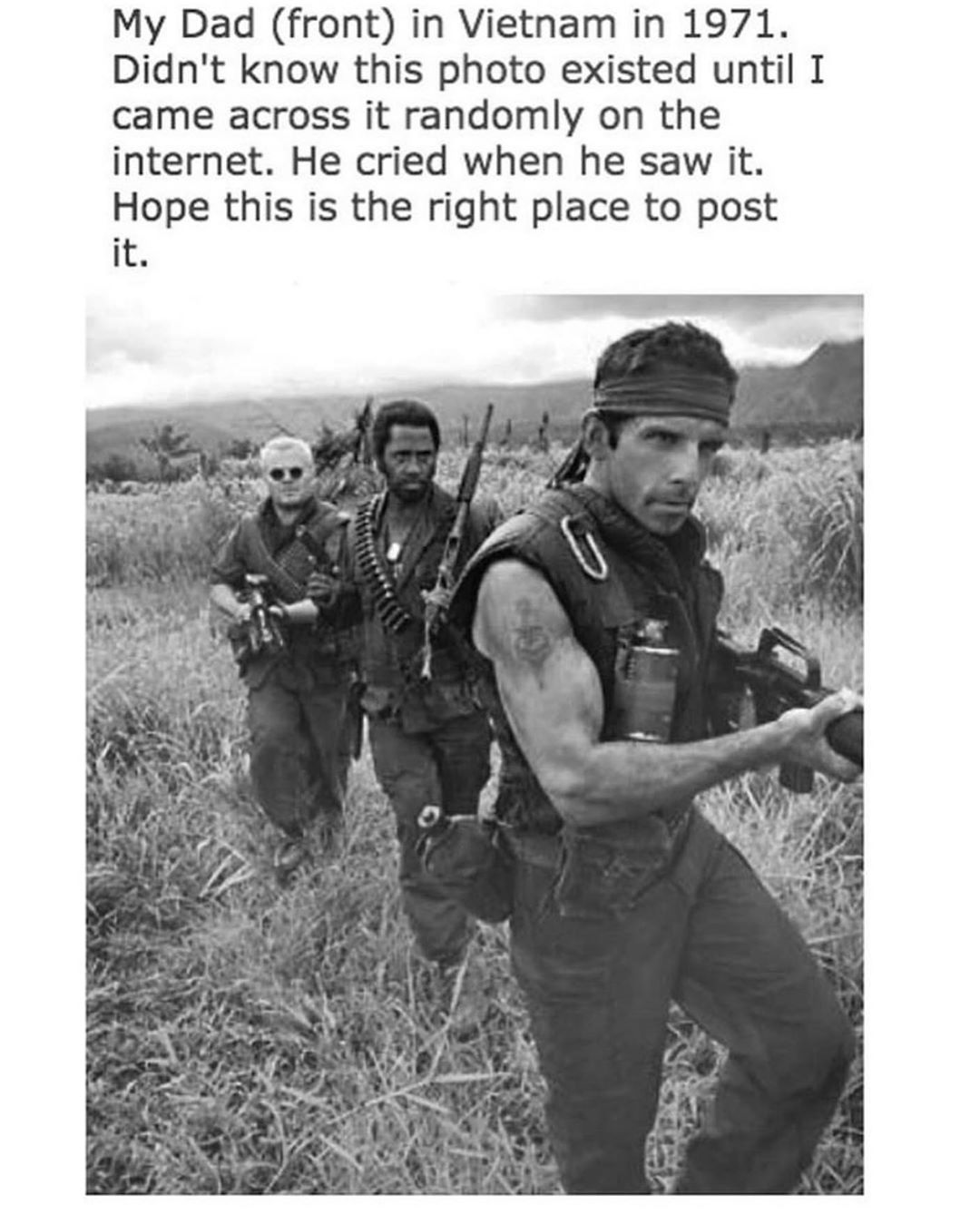 My Dad front in Vietnam in 1971 Didnt know this photo existed until I came across it randomly on the internet He cried when he saw it Hope this is the right place to post it