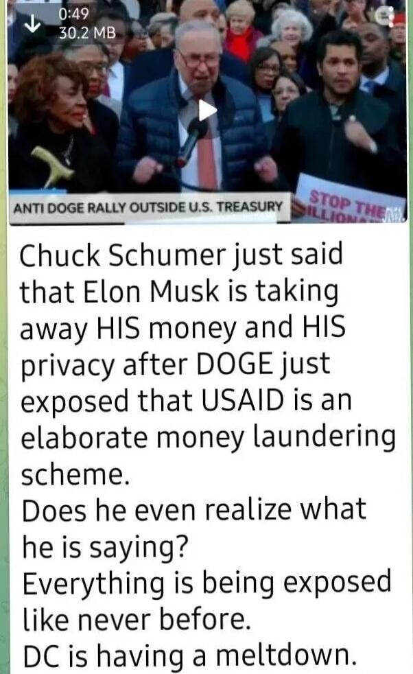 ANTI DOGE RALLY OUTSIDE U.S. TREASURY. Chuck Schumer just said that Elon Musk is taking away HIS money and HIS privacy after DOGE just exposed that USAID is an elaborate money laundering scheme. Does he even realize what he is saying? Everything is being exposed like never before. DC is having a meltdown.