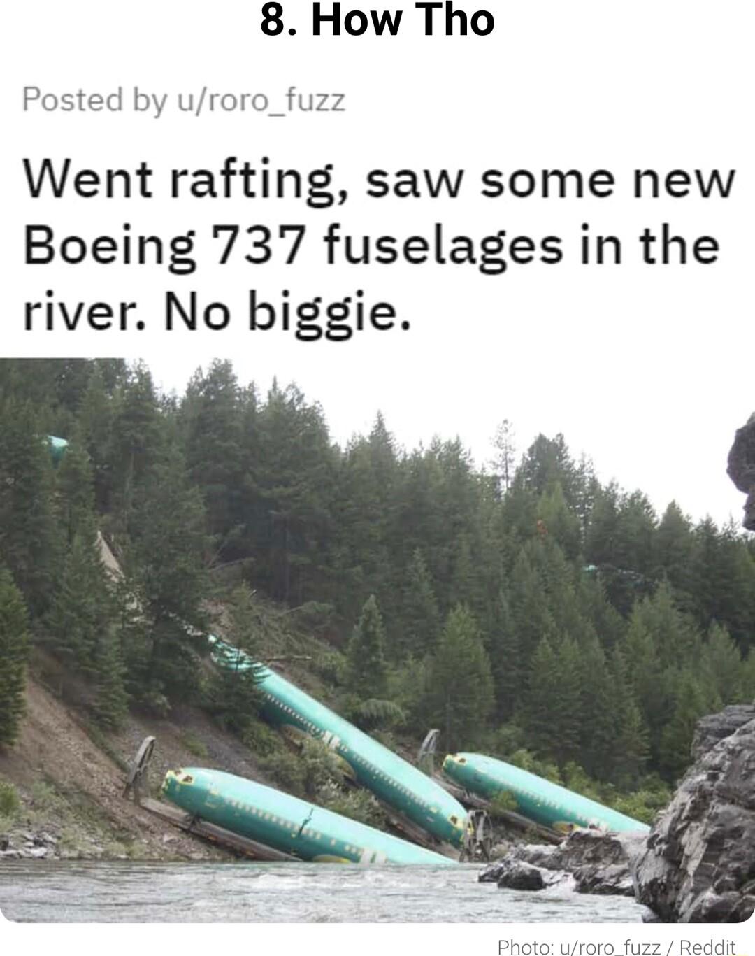 8 How Tho Posted by uroro_fuzz Went rafting saw some new Boeing 737 fuselages in the river No biggie
