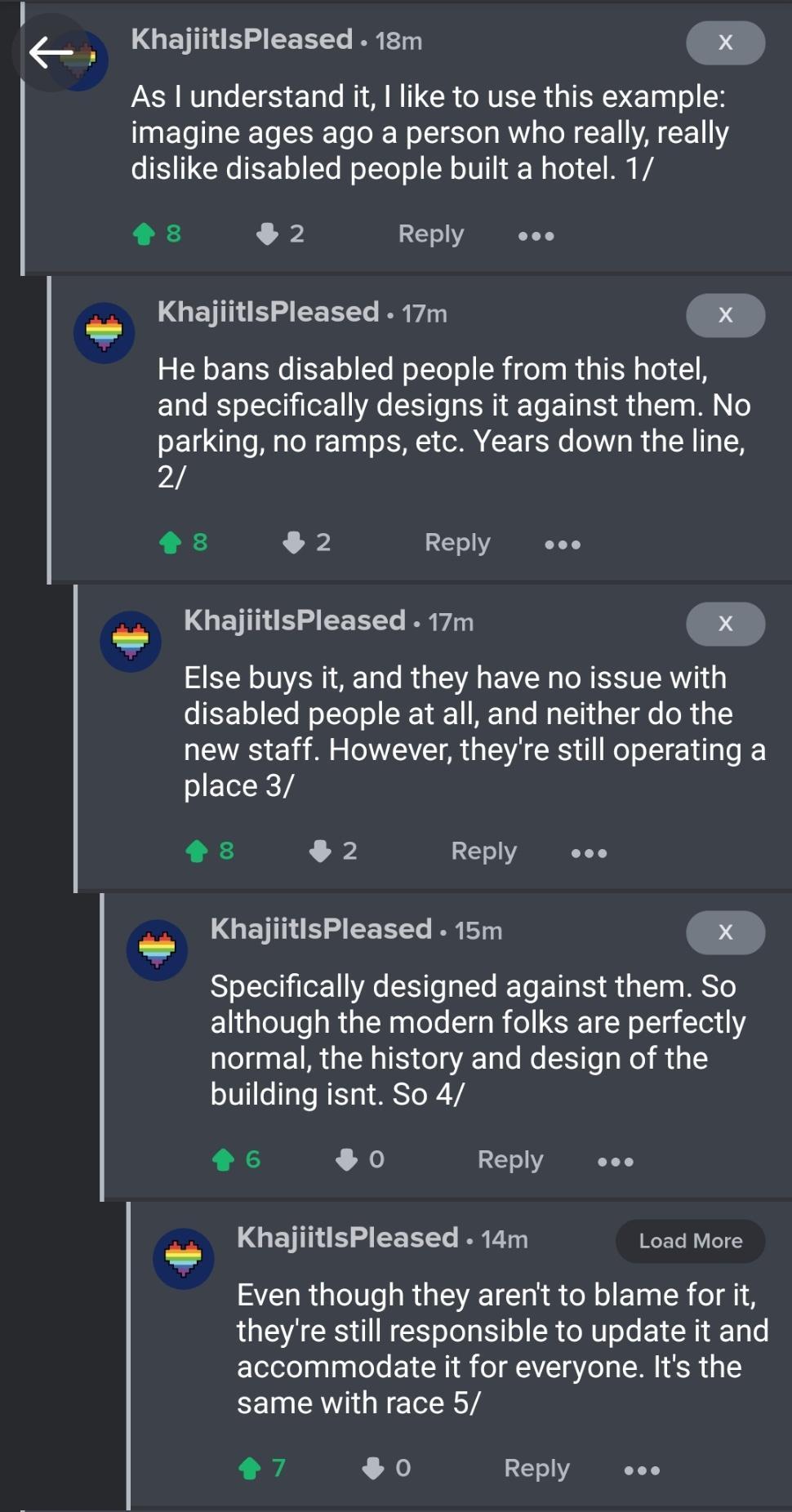 o LGETT1 M EE T R EET X As understand it like to use this example imagine ages ago a person who really really o 1S 12 15F1o FYo o TYoT o SR U 11 W Yo 1 M W 8 2 Reply eoe L LGQETT S M CEEYT BR X He bans disabled people from this hotel and specifically designs it against them No parking no ramps etc Years down the line 2 8 2 Reply eoe LGETT o CETT B o X Else buys it and they have no issue with o 55 