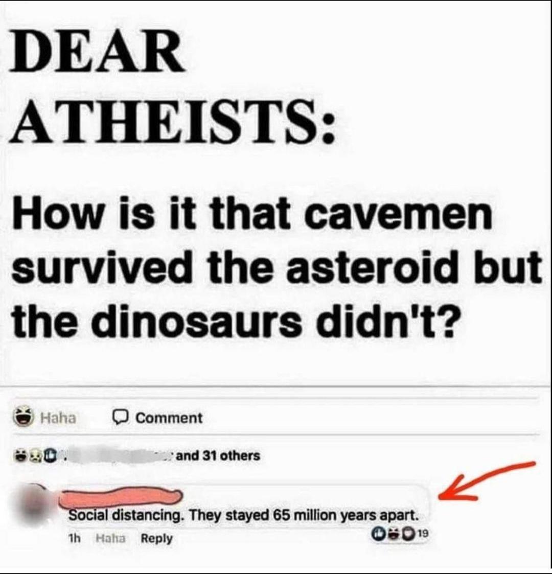 DEAR ATHEISTS How is it that cavemen survived the asteroid but the dinosaurs didnt 0 _ and 31 others al distancing They stayed 65 million years apart th Haha Reply Q50