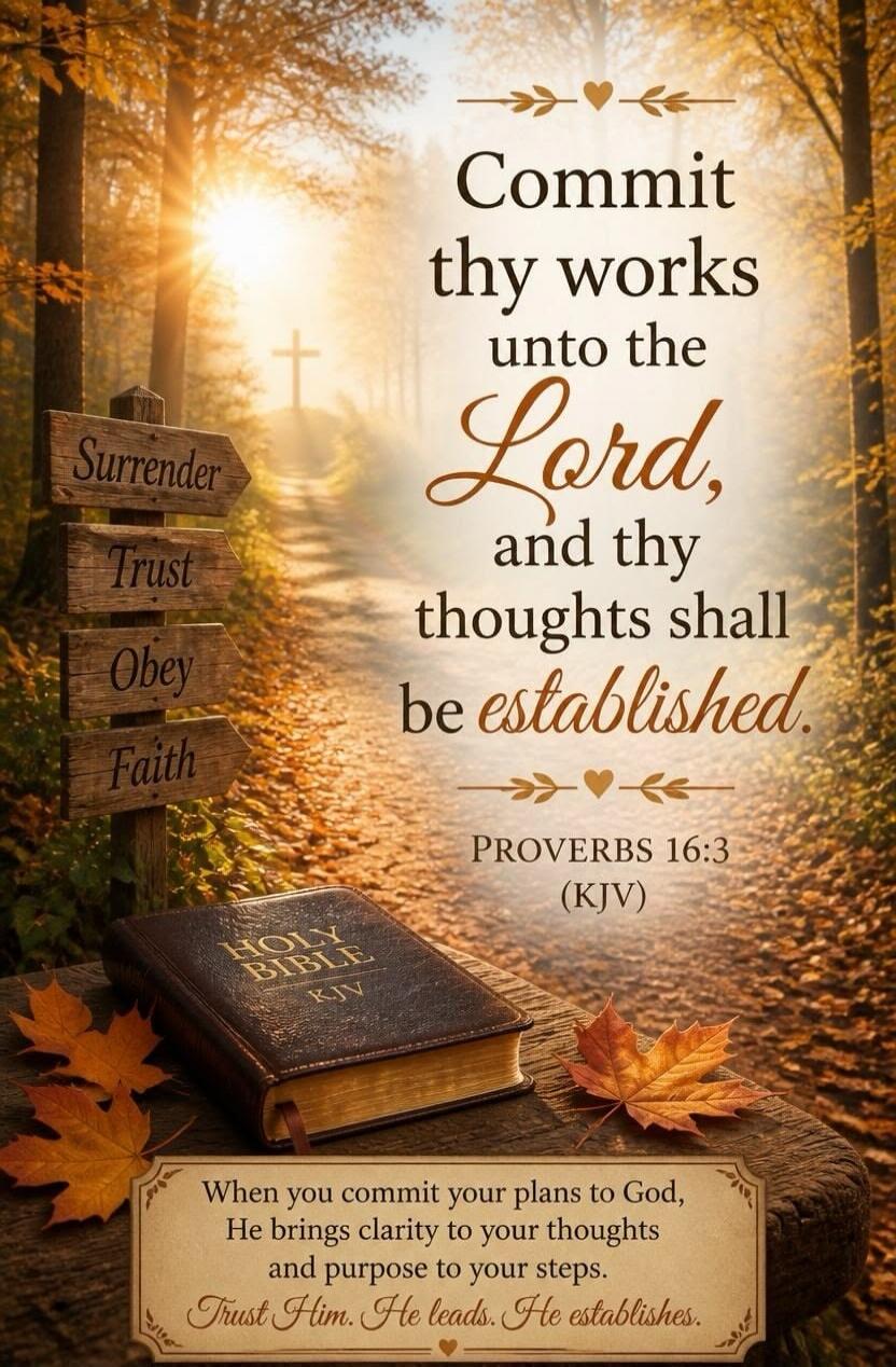 Commit thy works unto the Lord, and thy thoughts shall be established. PROVERBS 16:3 (KJV). Surrender, Trust, Obey, Faith. HOLY BIBLE KJV. When you commit your plans to God, He brings clarity to your thoughts and purpose to your steps. Trust Him. He leads. He establishes.
