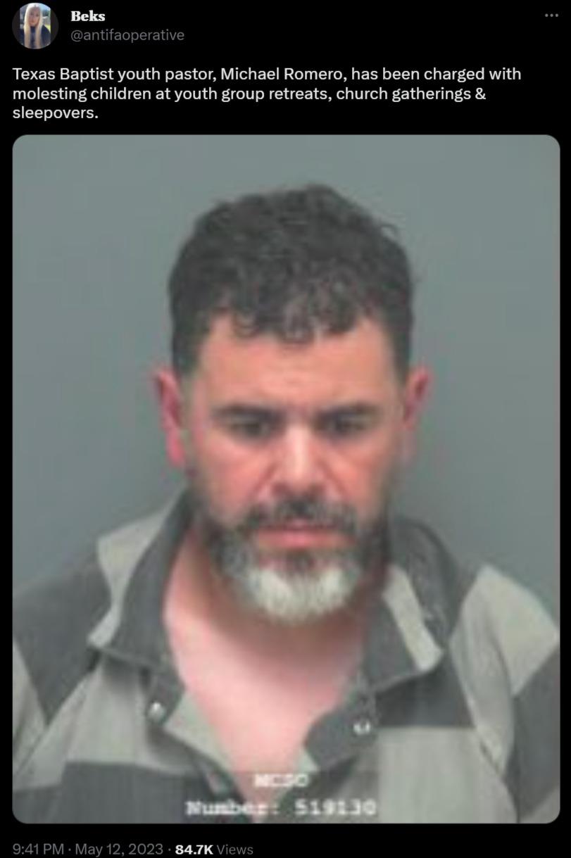 Beks B Texas Baptist youth pastor Michael Romero has been charged with molesting children at youth group retreats church gatherings sleepovers 941PM M
