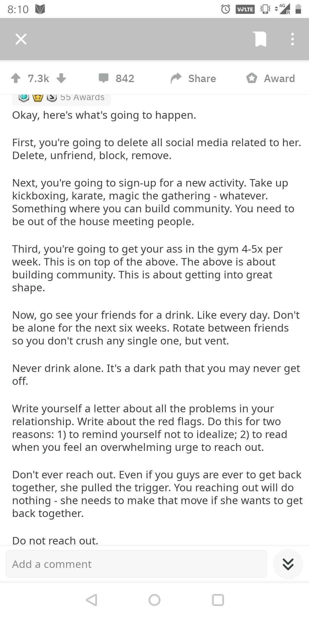 810 W o v B I 4 73k W 842 Share Award W b5 Awards Okay heres whats going to happen First youre going to delete all social media related to her Delete unfriend block remove Next youre going to sign up for a new activity Take up kickboxing karate magic the gathering whatever Something where you can build community You need to be out of the house meeting people Third youre going to get your ass in th
