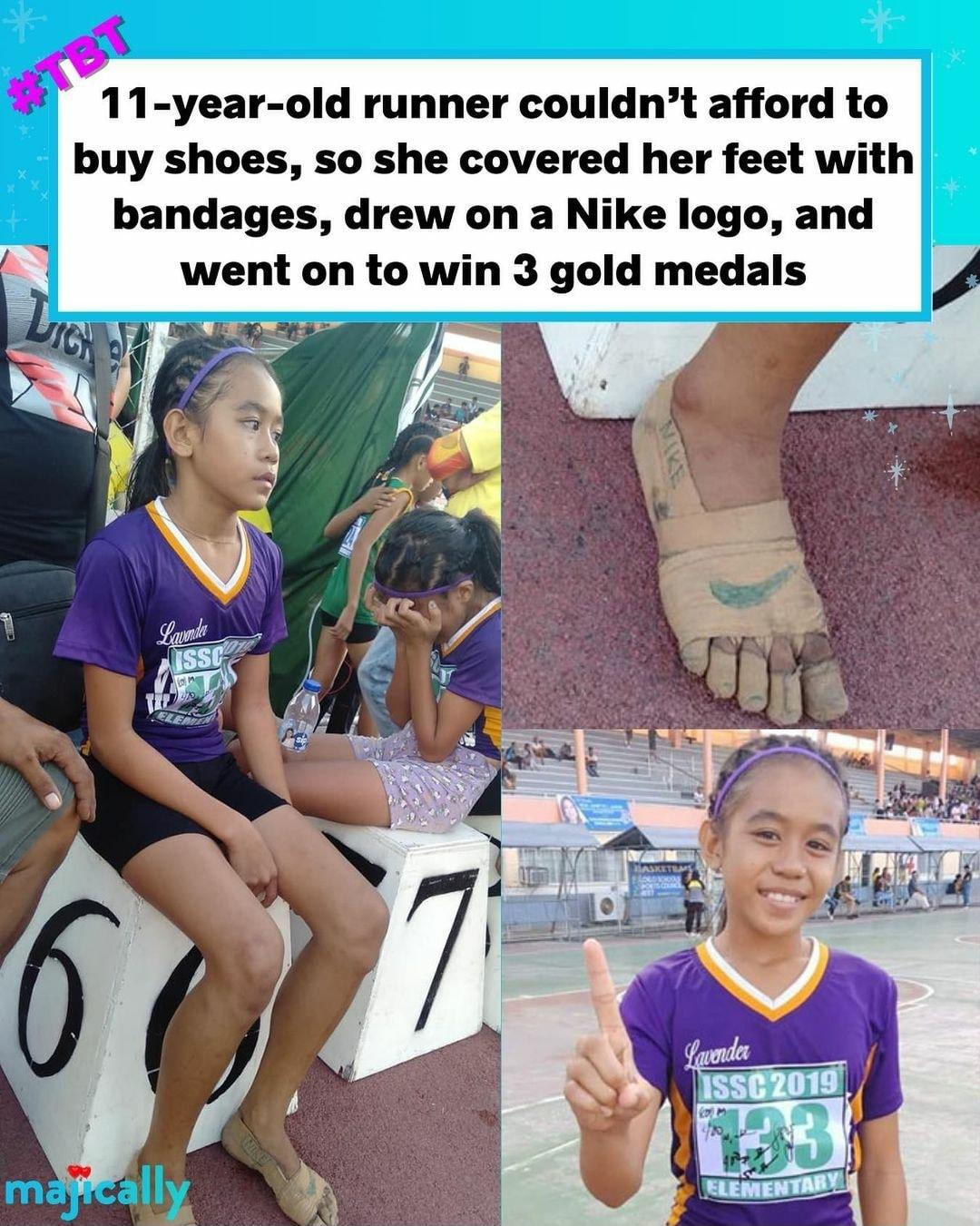 11 year old runner couldnt afford to buy shoes so she covered her feet with bandages drew on a Nike logo and went on to win 3 gold medals