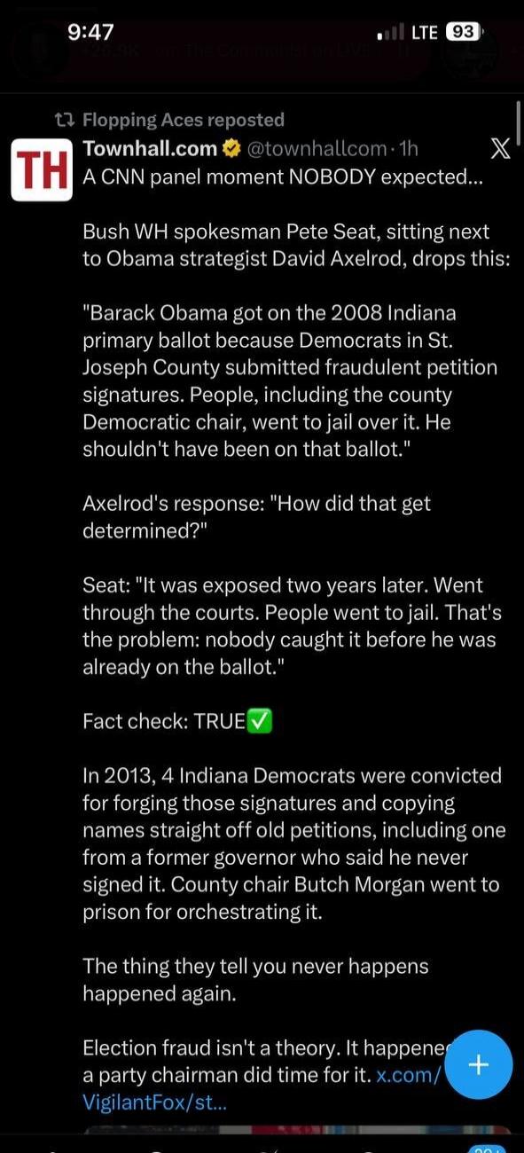 Flopping Aces reposted
Townhall.com @townhallcom · 1h
A CNN panel moment NOBODY expected...
Bush WH spokesman Pete Seat, sitting next to Obama strategist David Axelrod, drops this:
