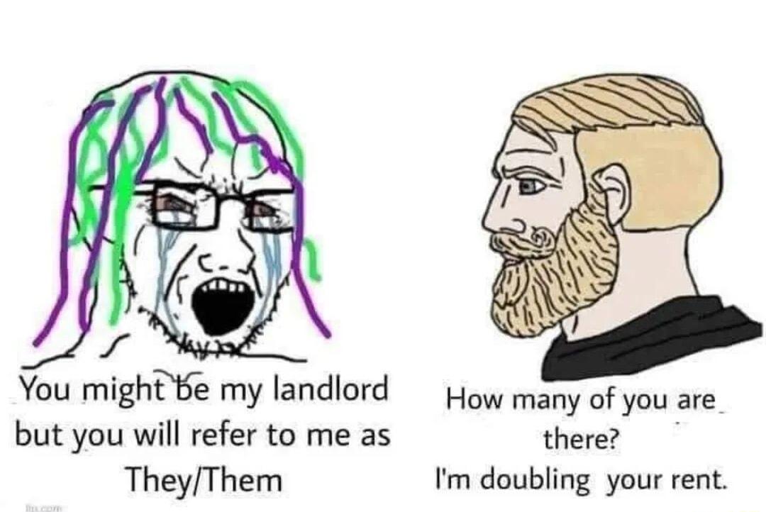 You might8e my landlord How many of you are but you will refer to me as there TheyThem Im doubling your rent