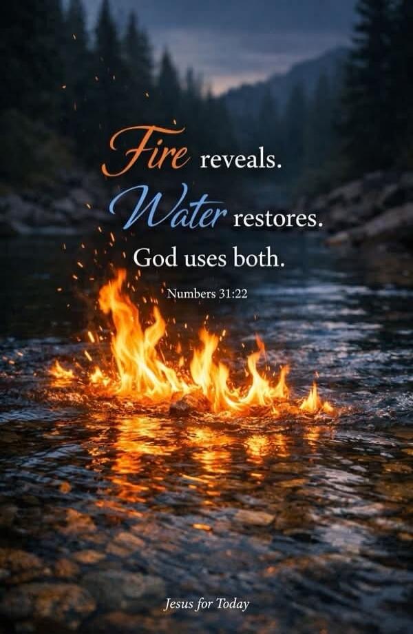 Fire reveals. Water restores. God uses both. Numbers 31:22. Jesus for Today.