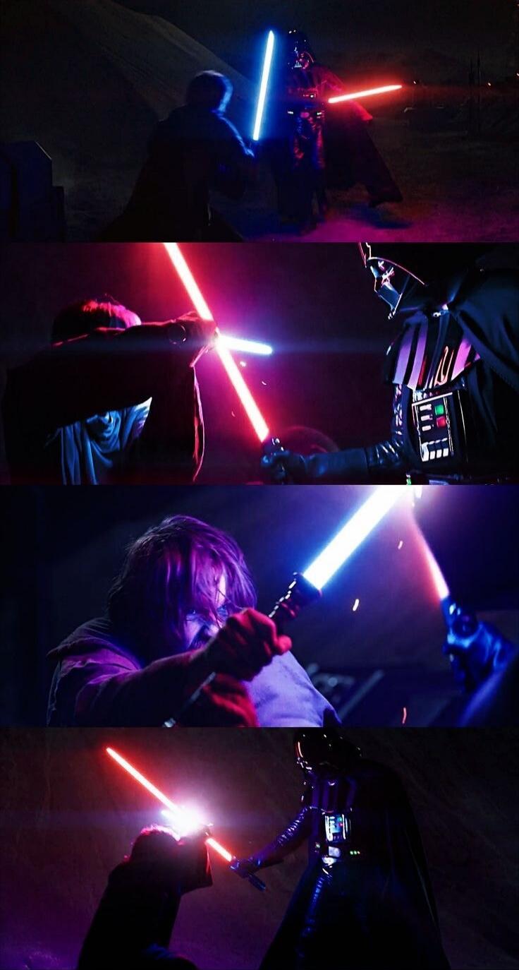 Two figures duel with glowing lightsabers (blue and red) in a dark, atmospheric scene, reminiscent of a sci-fi battle.