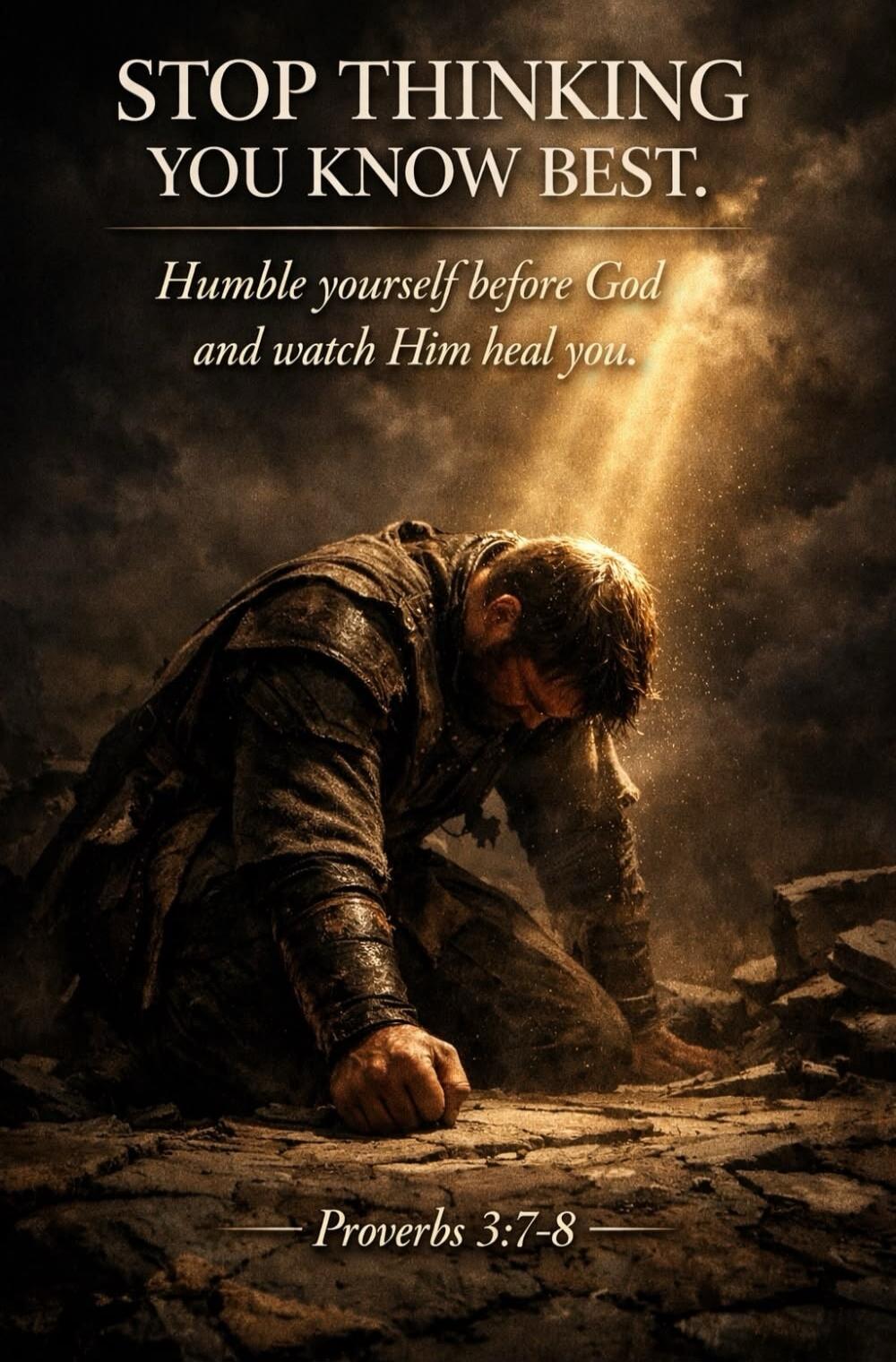 STOP THINKING YOU KNOW BEST. Humble yourself before God and watch Him heal you. Proverbs 3:7-8