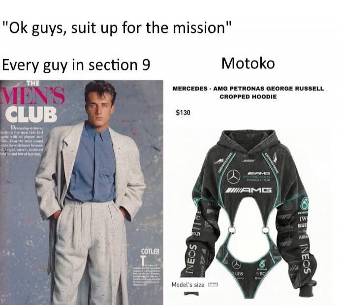 Ok guys, suit up for the mission. Every guy in section 9. Motoko. THE MEN'S CLUB. MERCEDES - AMG PETRONAS GEORGE RUSSELL CROPPED HOODIE. $130. COTLER T. Model's size.