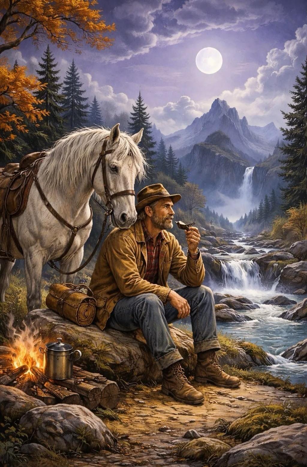A man with a beard and a hat sits by a campfire, smoking a pipe, next to a white horse. In the background, there are mountains, a waterfall, a river, and a full moon in a cloudy sky. The scene depicts a peaceful wilderness setting.
