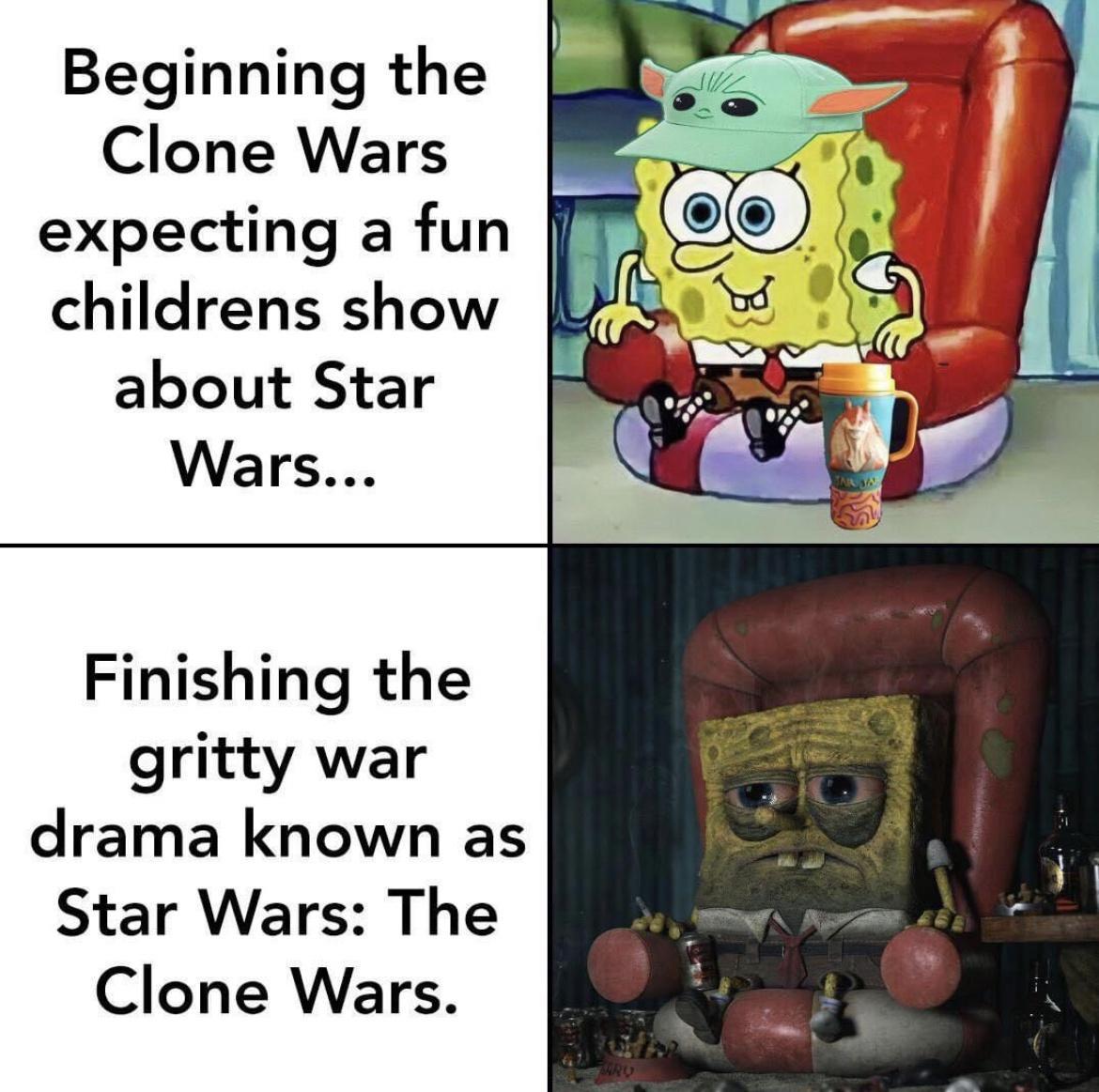 Beginning the Clone Wars expecting a fun childrens show about Star Wars Finishing the gritty war drama known as Star Wars The Clone Wars