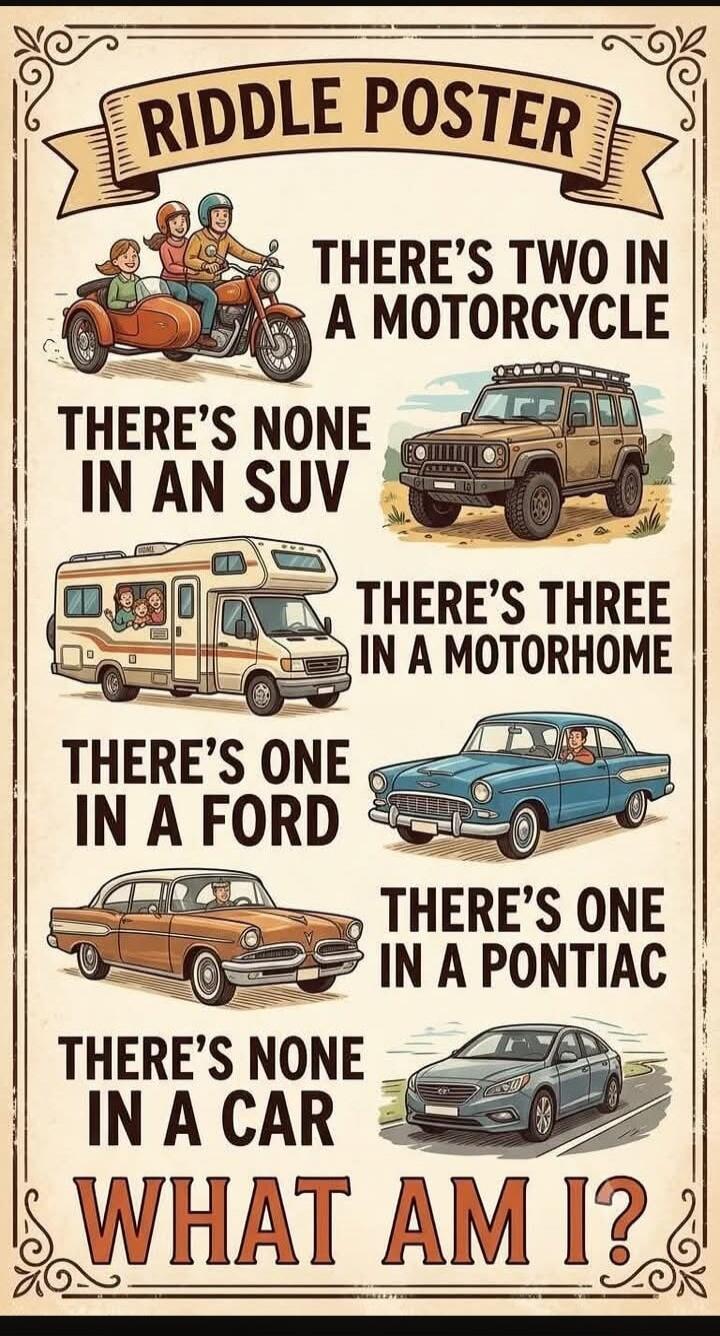 Riddle Poster. There's two in a motorcycle. There's none in an SUV. There's three in a motorhome. There's one in a Ford. There's one in a Pontiac. There's none in a car. What am I?
