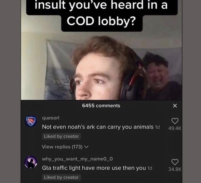 Insult youve heard in a 60p 014Vd 6455 comments quesorl N VT WaTole g KT et Mot aVAYoIVIE n1 10 P SRS Liked by creator View replies 173 v why_you_want_my_name0_0 7 Gta traffic light have more use then you 1d Liked by creator