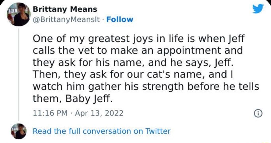 Brittany Means L BrittanyMeanslt Follow One of my greatest joys in life is when Jeff calls the vet to make an appointment and they ask for his name and he says Jeff Then they ask for our cats name and watch him gather his strength before he tells them Baby Jeff 1116 PM Apr 13 2022 Resd the full conversation on Twitter