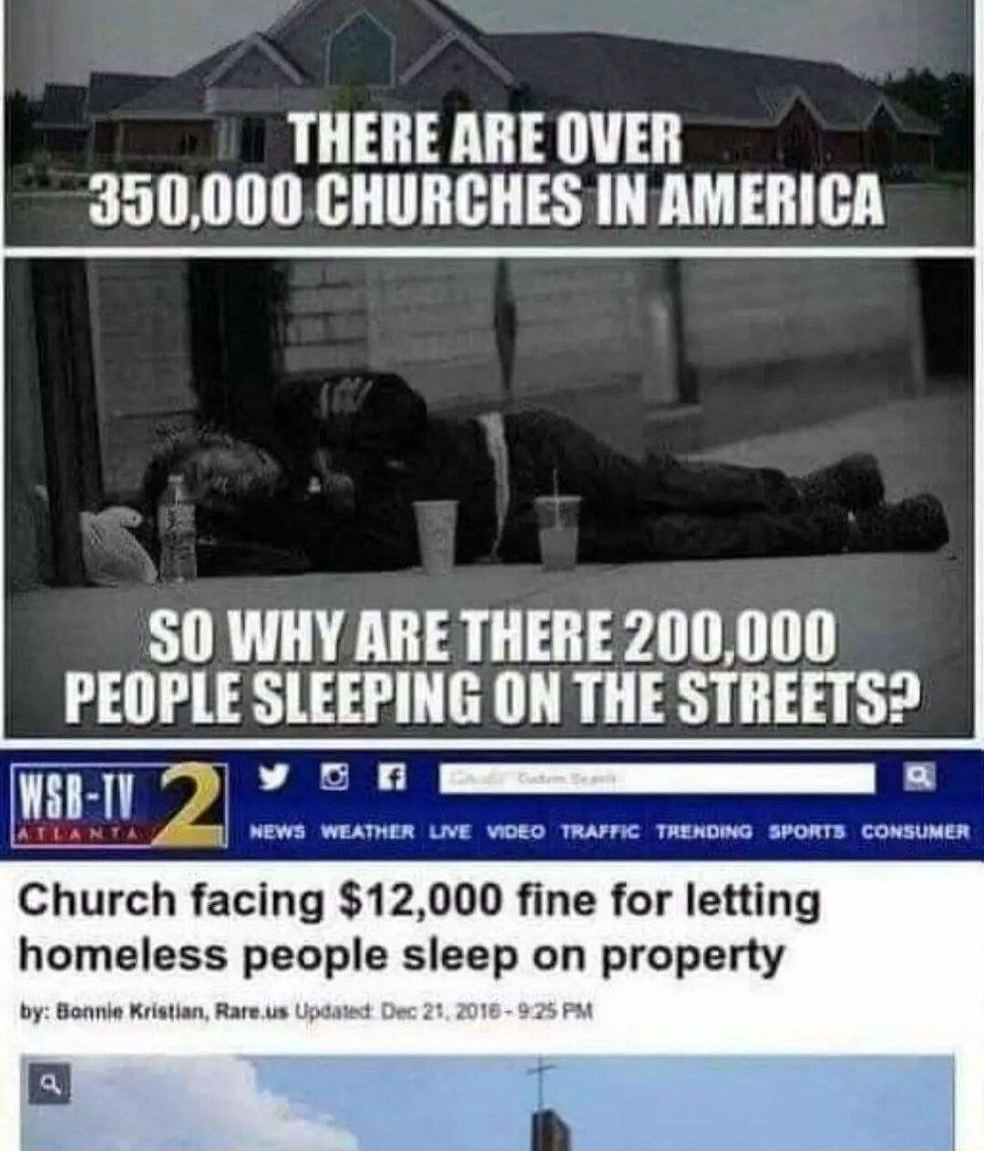 350000 CHURCHES IN AMERICA THERE ARE OVER S0 WHY ARE THERE 200000 IEllll SLEEPING ON THE STREETS Church facing 12000 fine for letting homeless people sleep on proparty by Boarve Kristan Rar