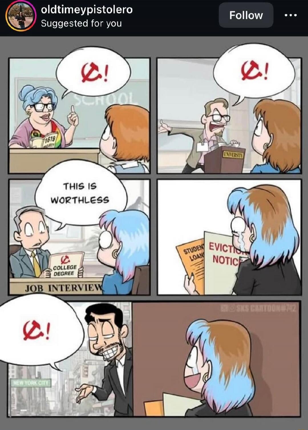 Panel 1: (speech bubble with hammer and sickle) Panel 2: (speech bubble with hammer and sickle) Panel 3: 