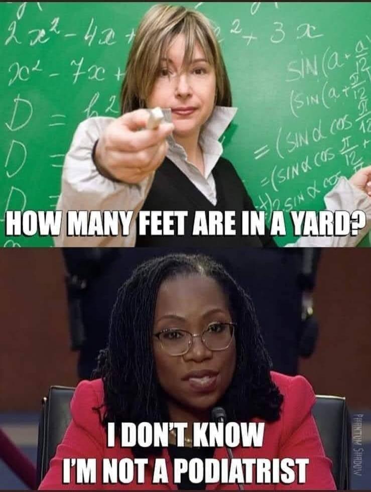 HOW MANY FEET ARE IN A YARD? I DON'T KNOW I'M NOT A PODIATRIST. On the chalkboard: 2x² - 4x +, x² - 7x +, D = b2, 2 + 3x, SIN(a +, SIN(a +, =(SIN α COS, SIN α COS.