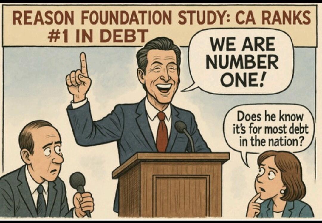 REASON FOUNDATION STUDY: CA RANKS #1 IN DEBT. WE ARE NUMBER ONE! Does he know it's for most debt in the nation?