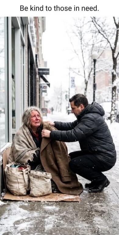 Be kind to those in need. A man is giving a coat to a homeless woman sitting on the street in the snow. The woman appears emotional.