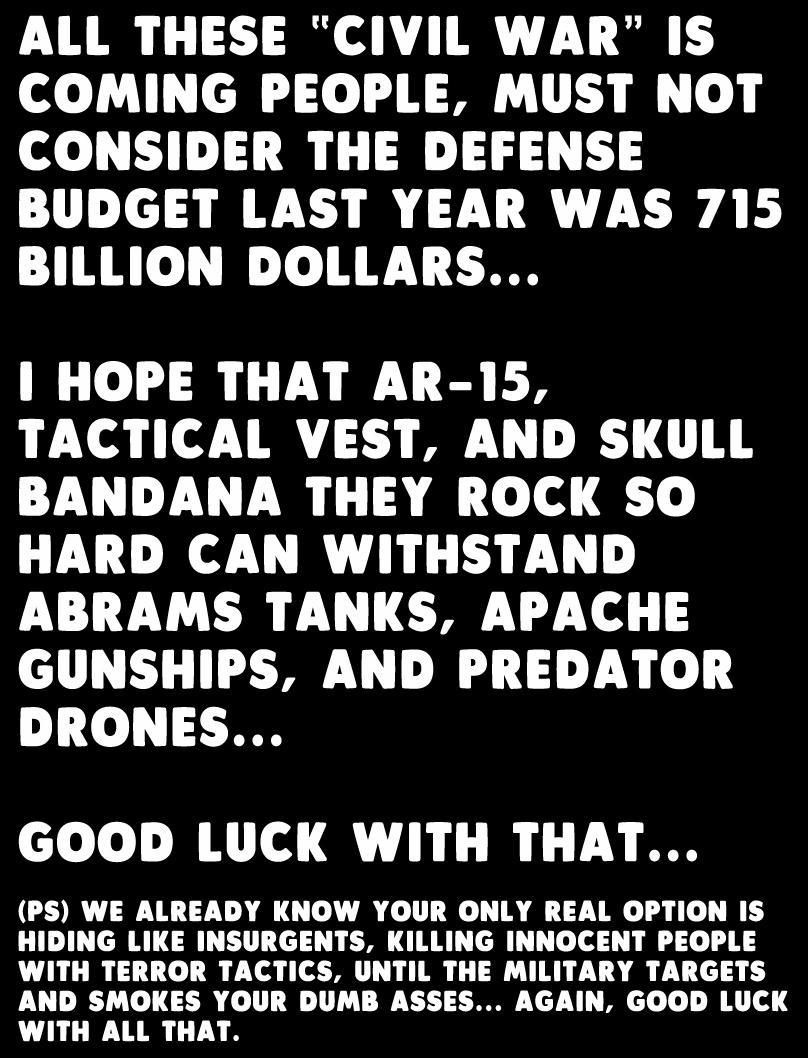 ALL THESE CIVIL WAR IS COMING PEOPLE MUST NOT CONSIDER THE DEFENSE BUDGET LAST YEAR WAS 715 BILLION DOLLARS 1 HOPE THAT AR 15 TACTICAL VEST AND SKULL BANDANA THEY ROCK SO HARD CAN WITHSTAND ABRAMS TANKS APACHE GUNSHIPS AND PREDATOR DRONES GOOD LUCK WITH THAT PS WE ALREADY KNOW YOUR ONLY REAL OPTION IS HIDING LIKE INSURGENTS KILLING INNOCENT PEOPLE WITH TERROR TACTICS UNTIL THE MILITARY TARGETS AND