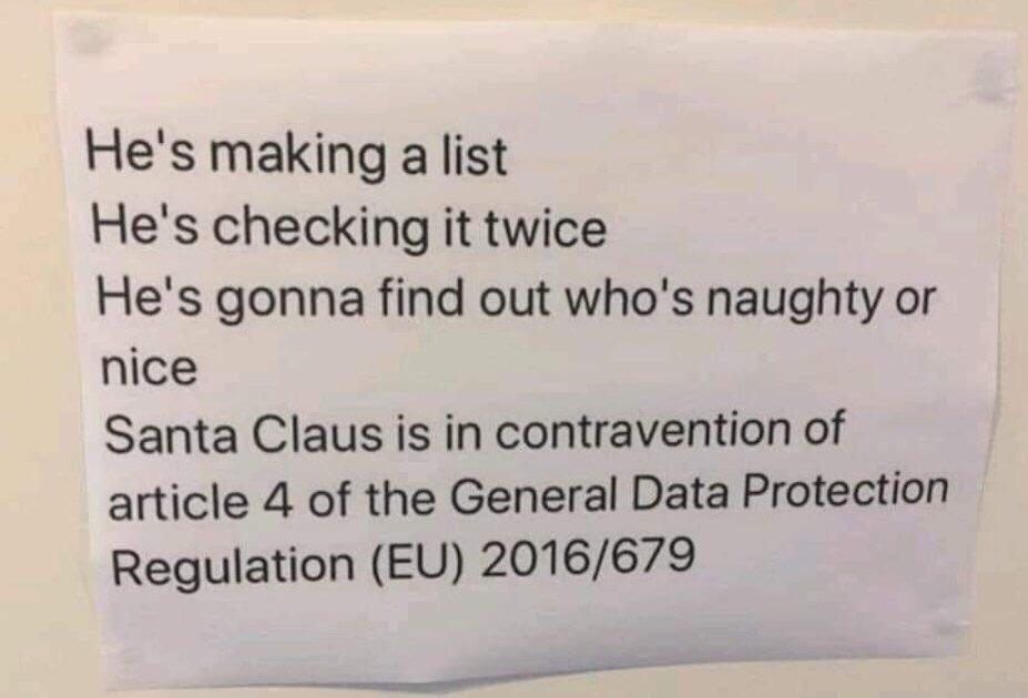 Hes making a list Hes checking it twice Hes gonna find out whos naughty or nice Santa Claus is in contravention of article 4 of the General Data Protection Regulation EU 2016679 e IR