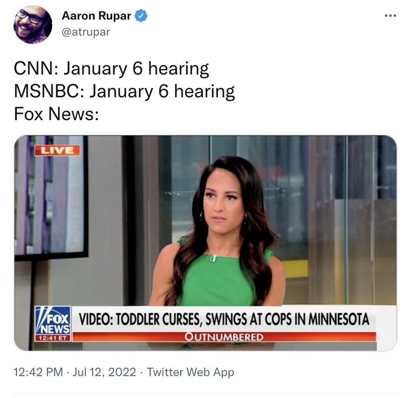Aaron Rupar atrupar CNN January 6 hearing MSNBC January 6 hearing Fox News 22 VIDEO TODDLERCURSES SWINGS AT COPS INMINNESOTA OUrhuMm 1242 PM Jul 12 2022 Twitter Web App