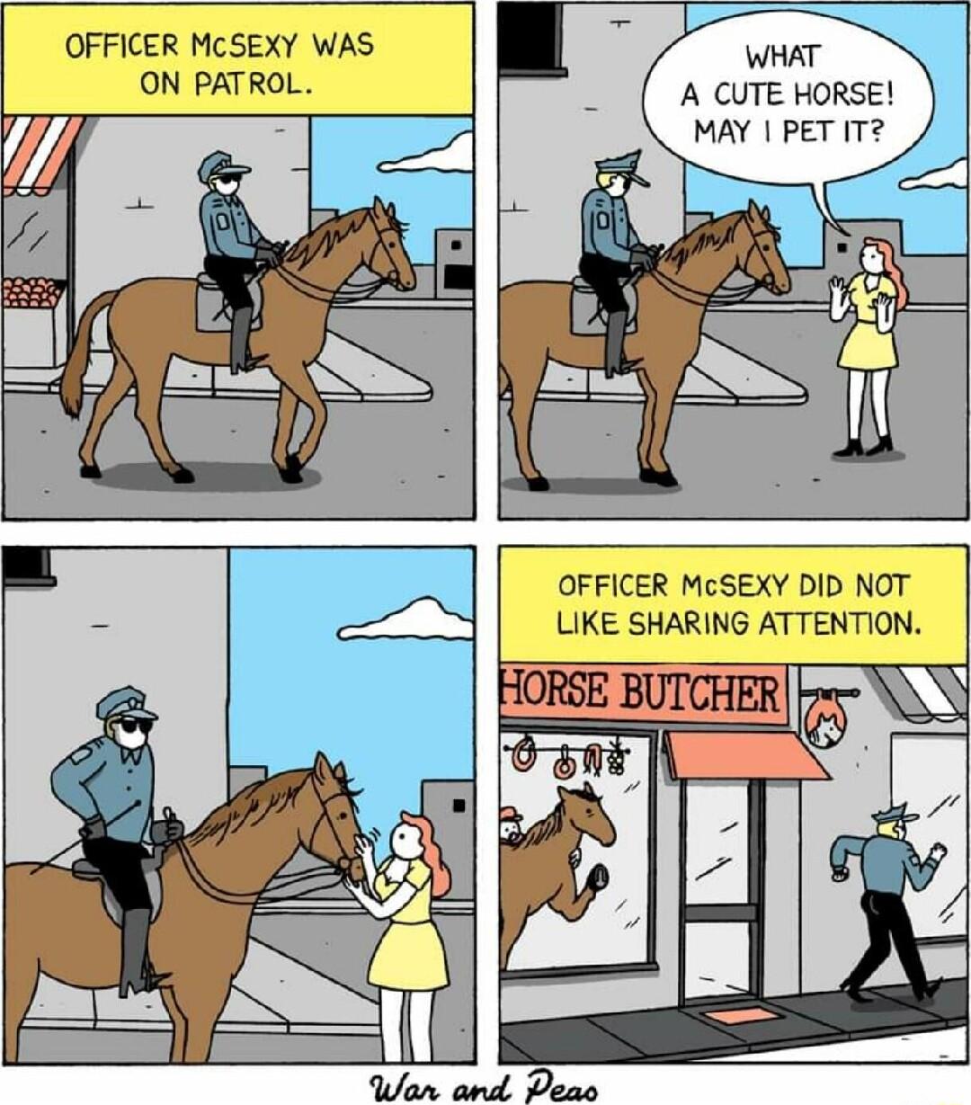 OFFICER MCSEXY WAS ON PATROL WHAT A CUTE HORSE MAY PET IT OFFICER McSEXY DID NOT LIKE SHARING ATTENTION