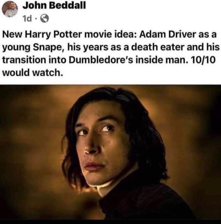 p John Beddall d Q New Harry Potter movie idea Adam Driver as a young Snape his years as a death eater and his transition into Dumbledores inside man 1010 would watch