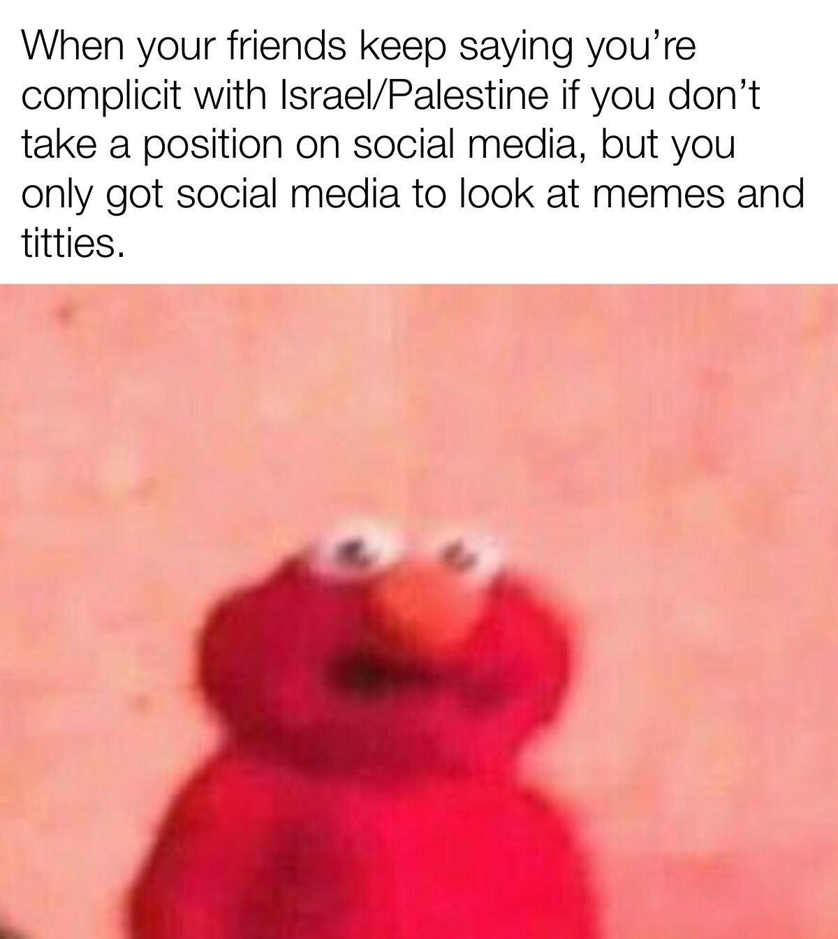 When your friends keep saying youre complicit with IsraelPalestine if you dont take a position on social media but you only got social media to look at memes and titties