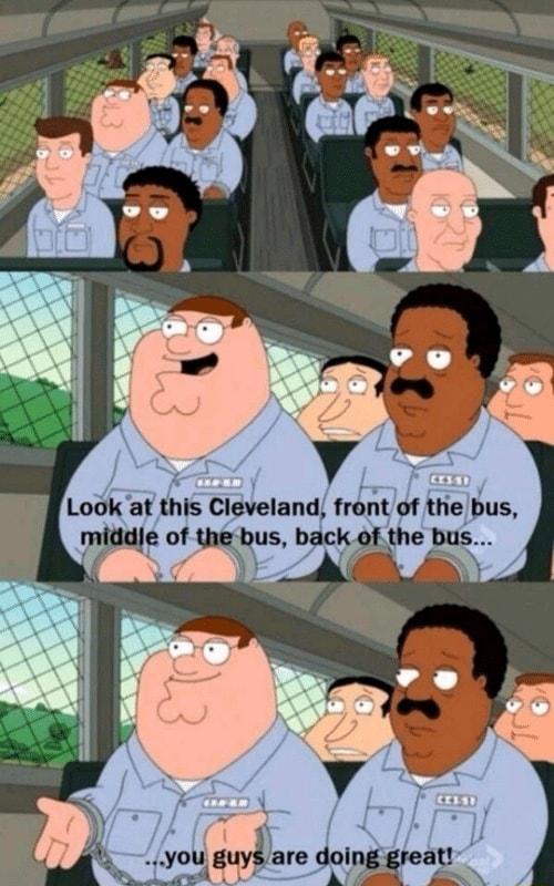 Y Look af this Cleveland front of the bus middje of the bus back of the bus P e